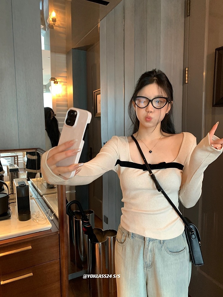 王少女的店杏色蝴蝶結方領針織打底衫2024早春內搭別致韓系短上衣