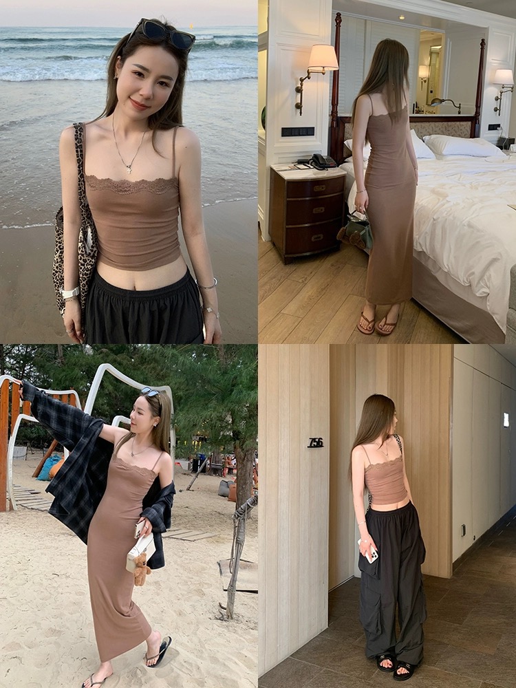 Xzichic 早春連衣裙蕾絲花邊卡戴珊長裙+吊帶背心純色新款女裝