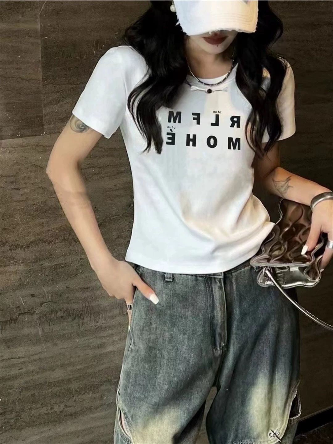 美式復古字母印花新中式盤扣短袖T恤女2024春季新款休閒圓領上衣