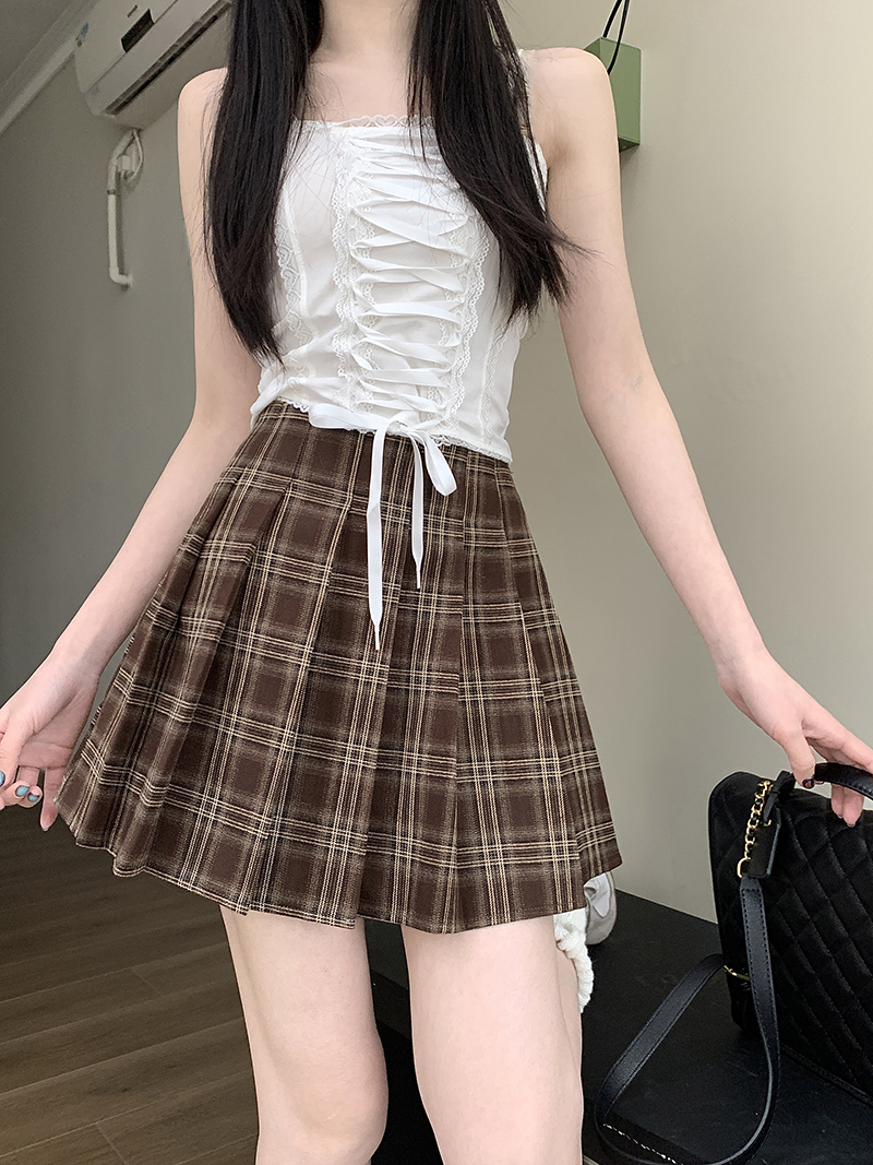 實拍 春夏美式復古棕色格子百褶裙女百搭高腰A字裙短裙半身裙