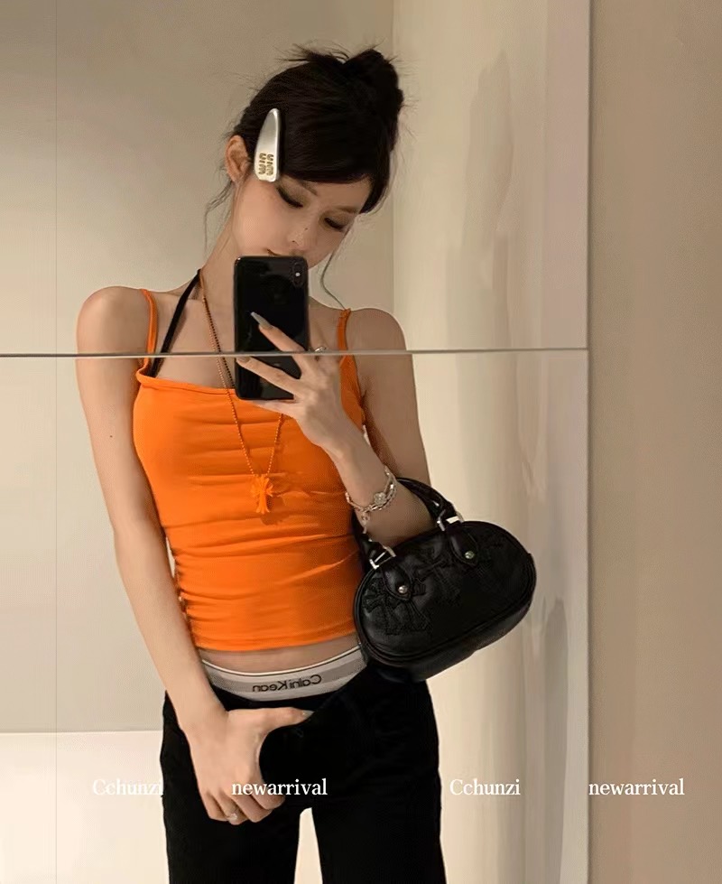紫色一字肩小吊帶背心女夏季外穿純欲風修身辣妹短款無袖鎖骨上衣