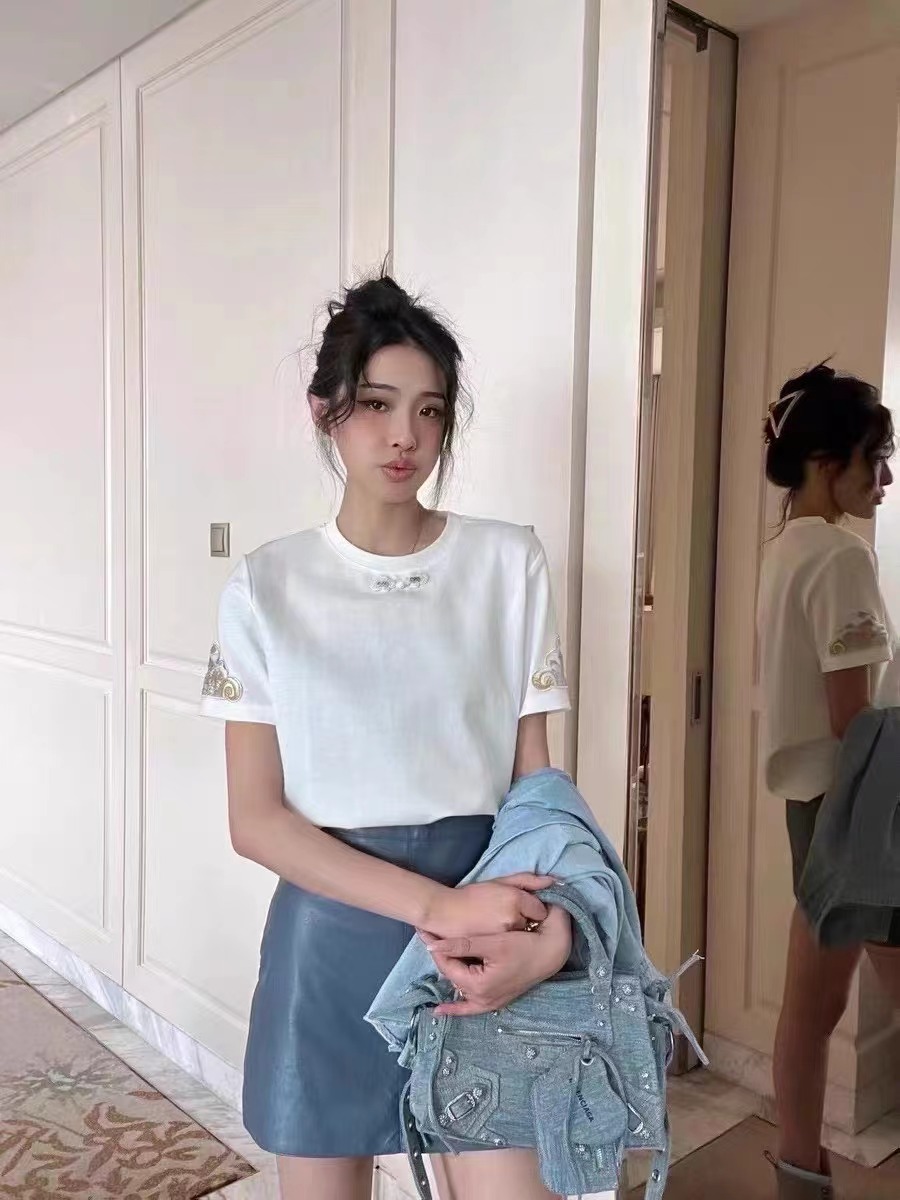 2024夏季國風休閒體恤衫純棉圓領短袖t恤女時尚印花上衣