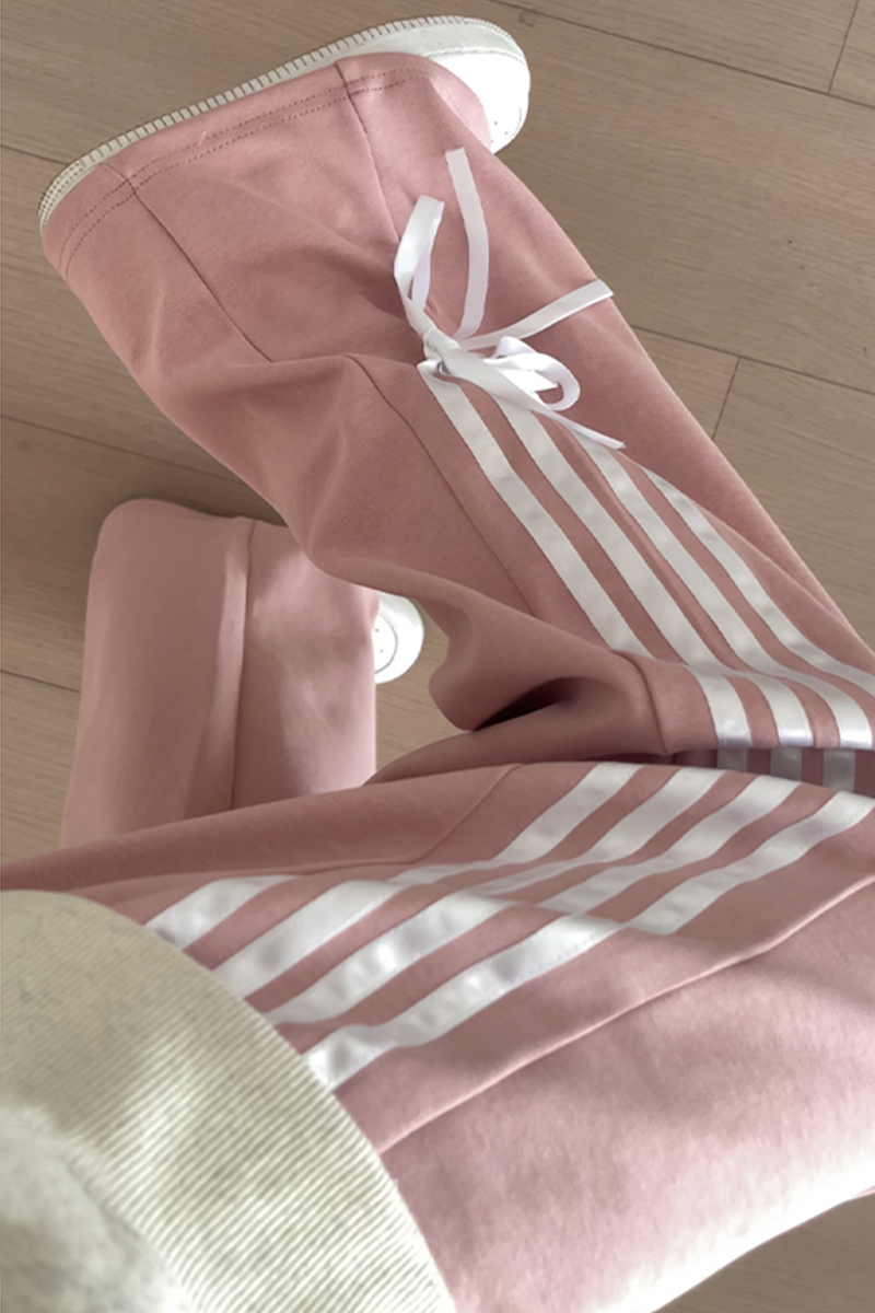 粉色條紋運動褲女春秋新款高腰休閒闊腿褲設計感寬鬆直筒衛褲