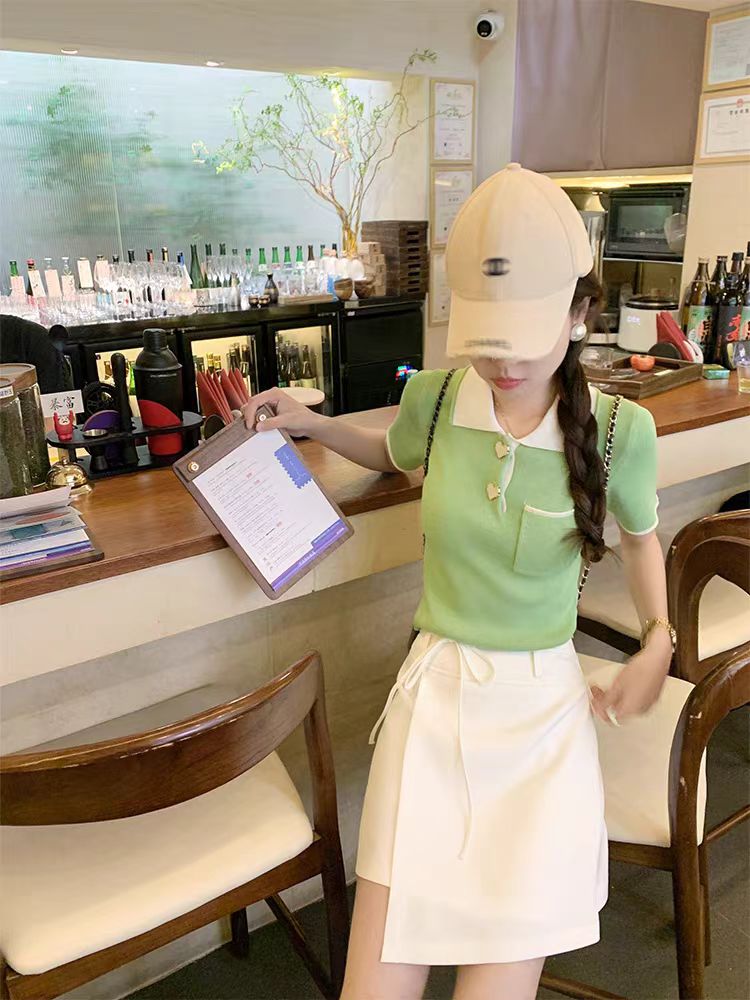 抹茶果凍 小清新綠色針織上衣女新款Polo領修身顯瘦短袖T