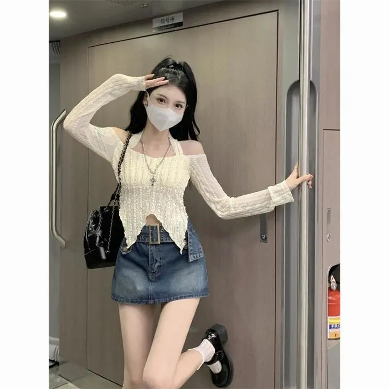 辣妹長袖套裝春夏季復古高腰牛仔包臀裙設計感ins修身