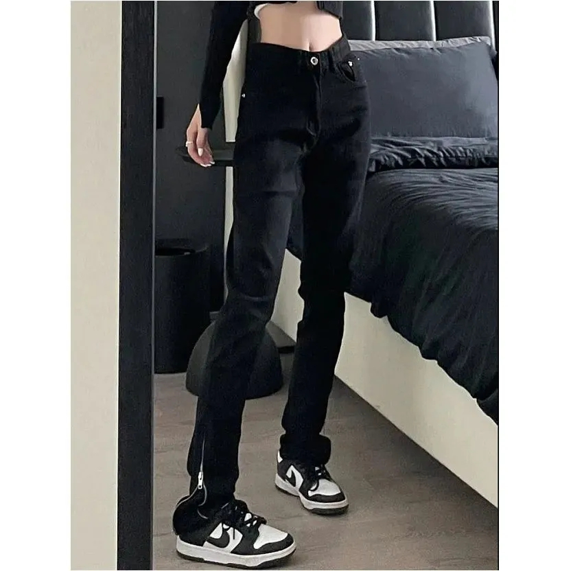 黑色高街hiphop工裝牛仔褲女小眾設計感腳拉鏈直筒顯瘦拖地長褲潮