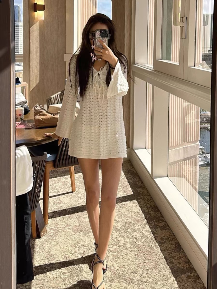 設計感溫柔軟糯小眾別致慵懶風鏤空針織衫連衣裙女
