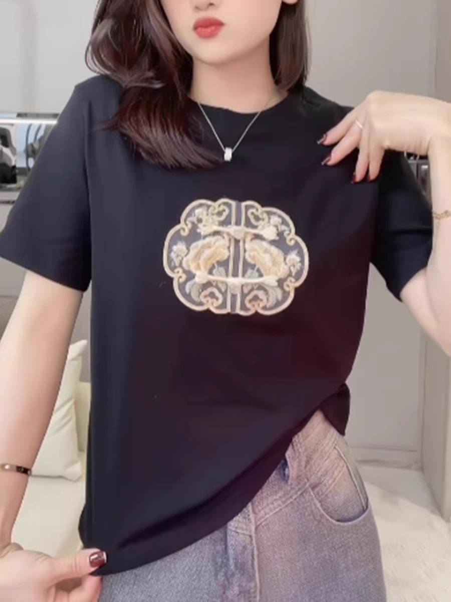 2024新款刺繡40支92棉8氨綸210克200斤大碼新中式百搭國風T恤