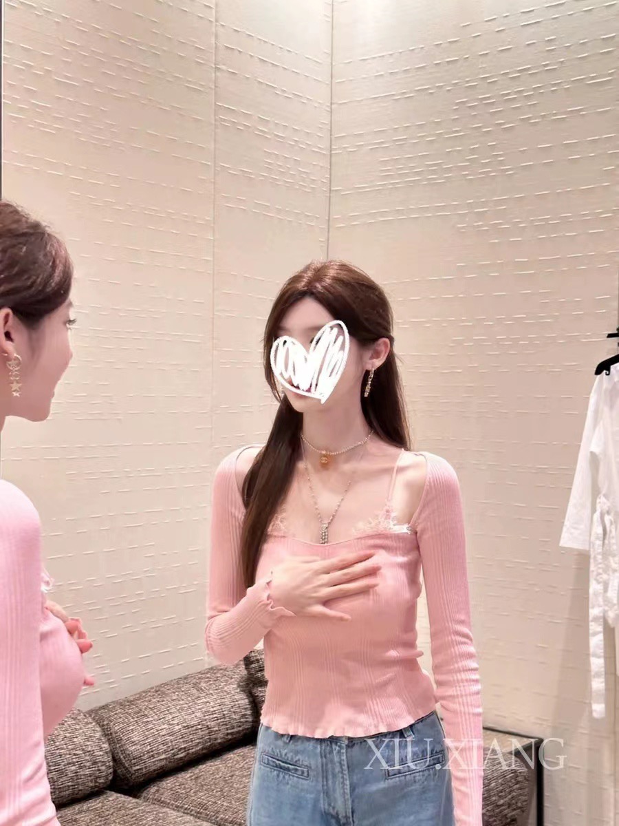 蕾絲假兩件~純欲小香風小眾設計感修身顯瘦針織黑色打底衫女