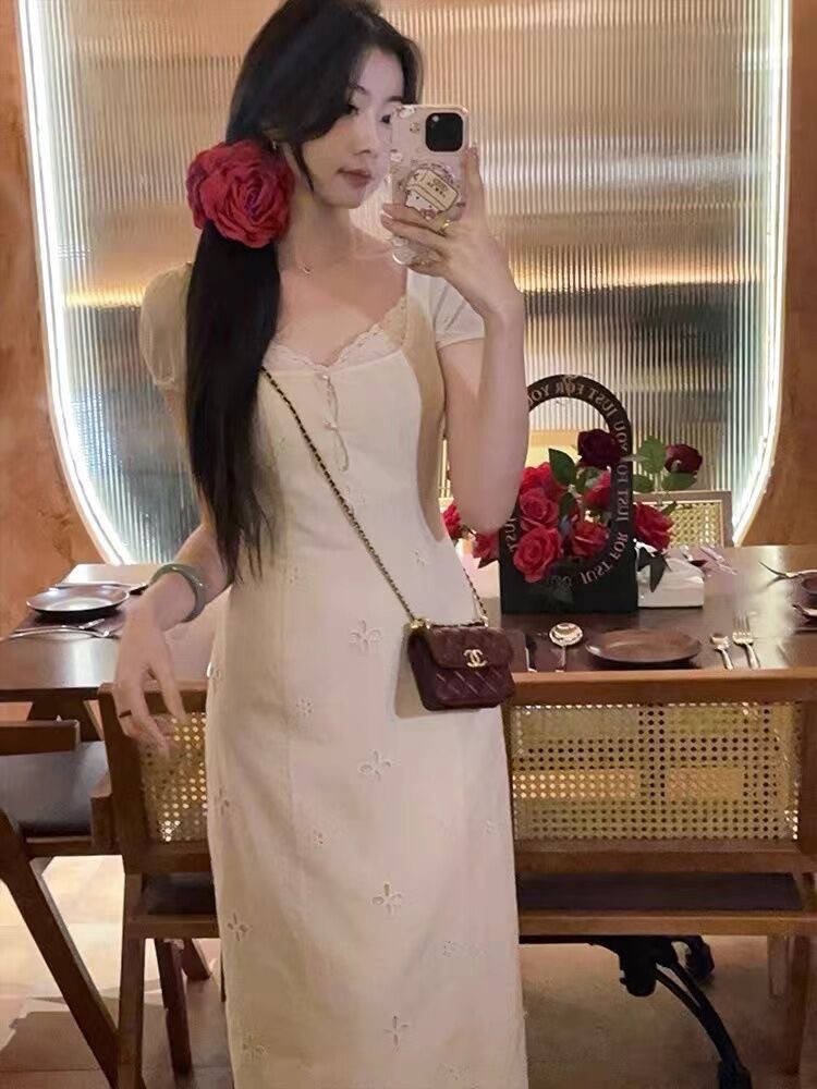 EIA一堯淡顏少女春夏純欲法式連衣裙修身復古鏤空刺繡長裙