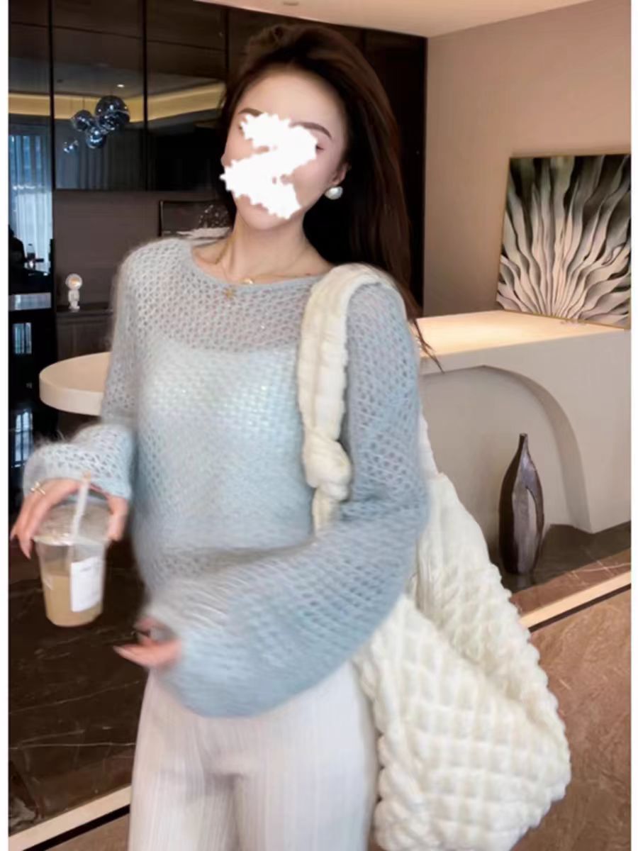 藍色溫柔慵懶風馬海毛衣鏤空毛針織罩衫早春款上衣女裝打底衫韓系
