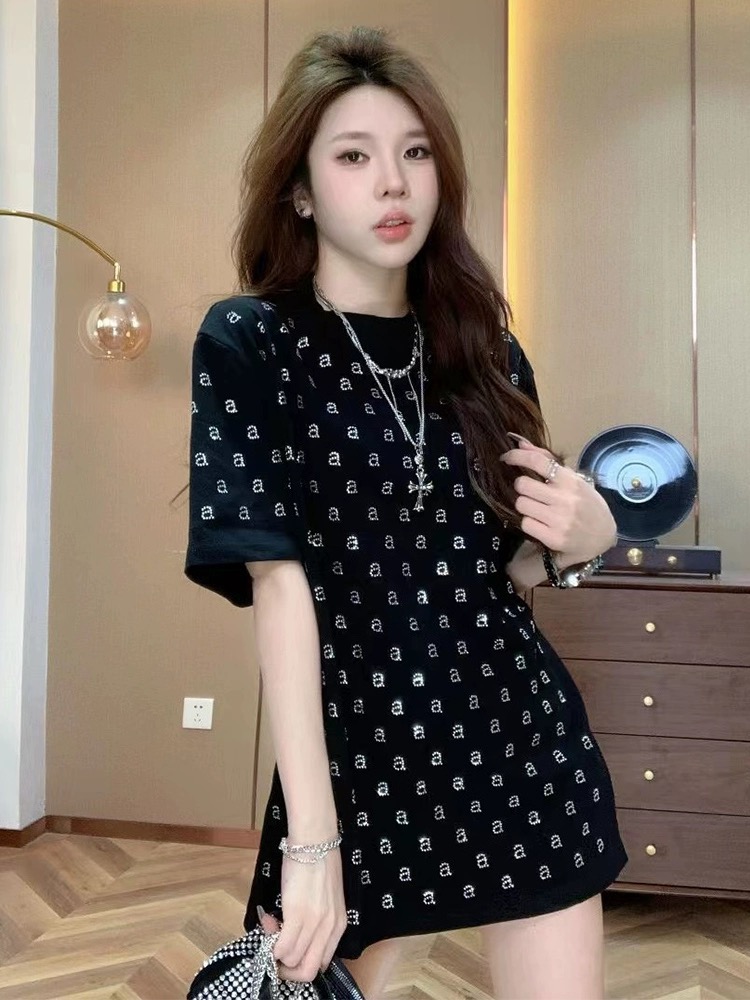 歐貨潮牌字母燙鑽短袖T恤女黑色大碼夏季中長款港味chic上衣