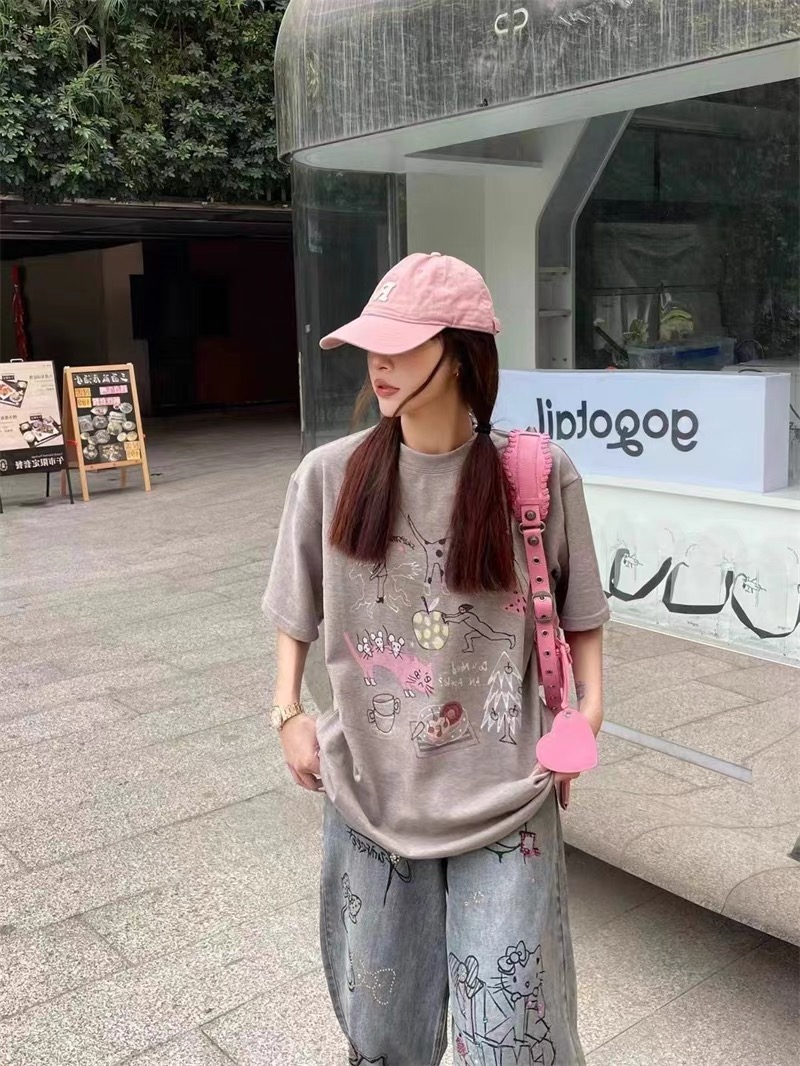 趣味手繪卡通印花復古做舊花灰色2024春夏新款寬鬆純棉短袖T恤女