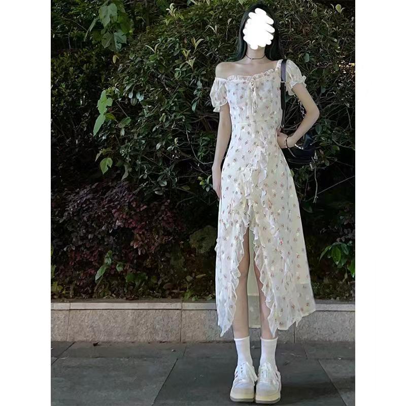 法式方領泡泡袖雪紡碎花連衣裙女夏季不規則開叉裙子仙女長裙