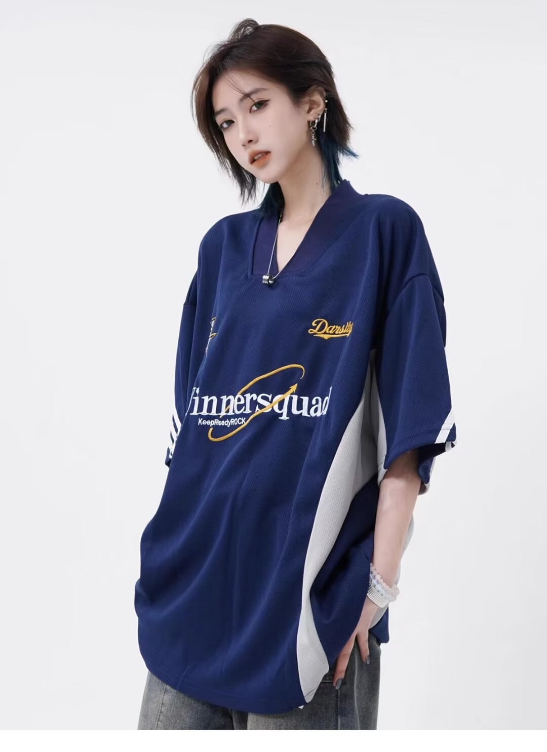 2024夏季美式復古V領拼接短袖女寬鬆百搭半袖球衣