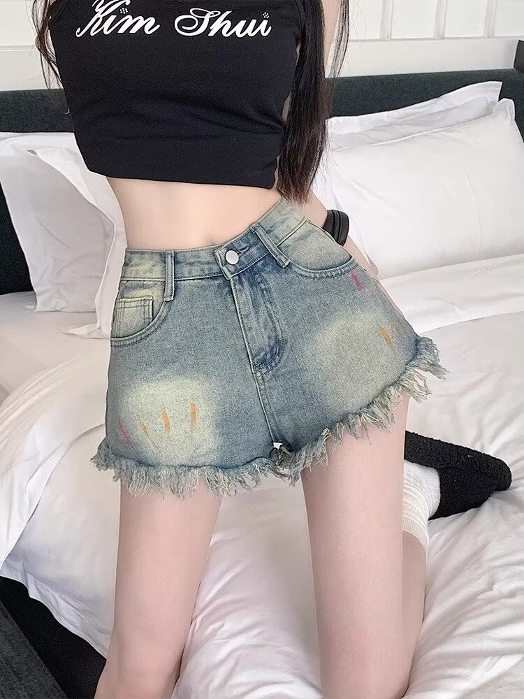 毛邊小眾設計感牛仔短褲高腰女裝夏薄款網紅炸街辣妹A字闊腿熱褲