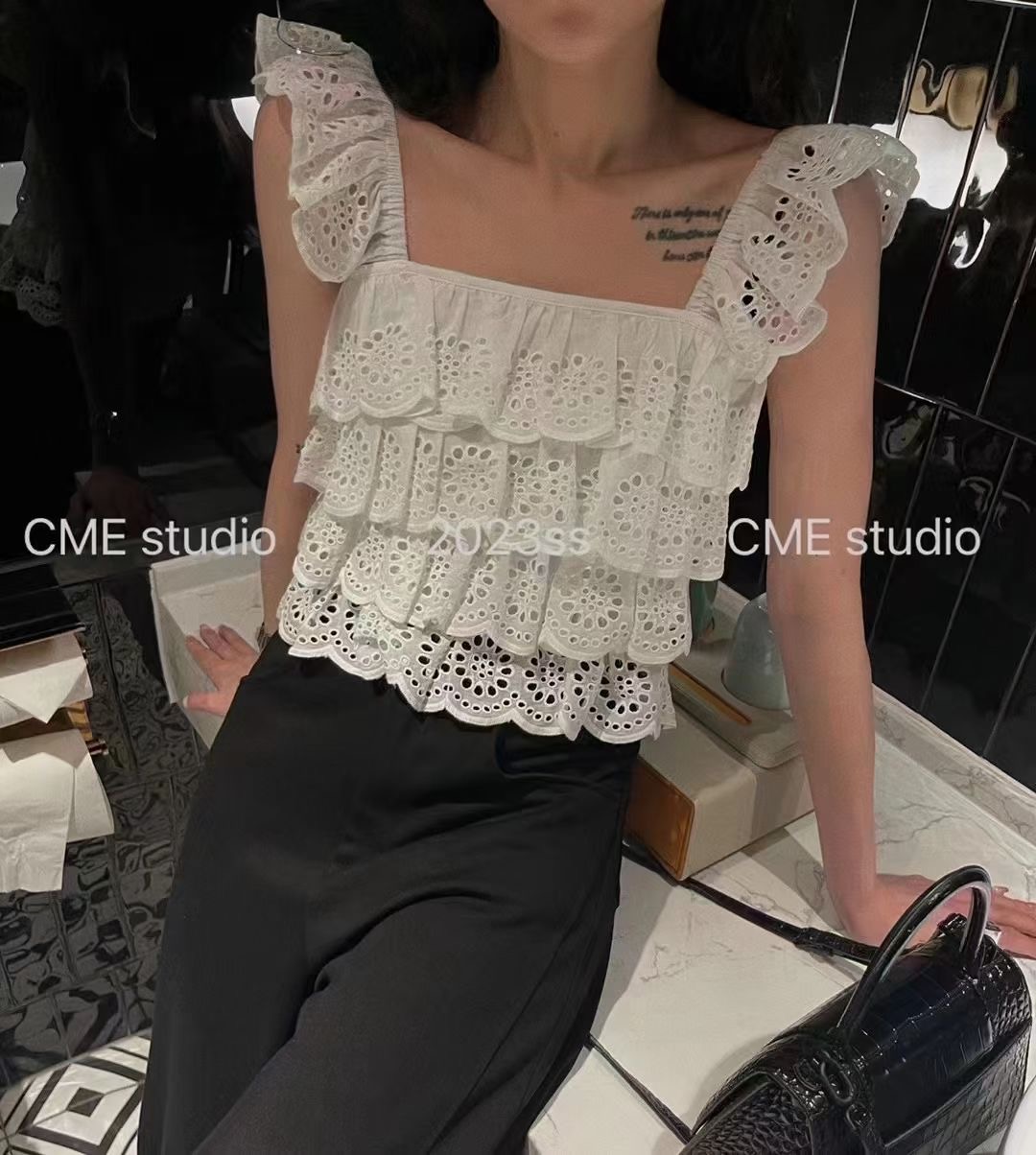 法式荷葉邊娃娃衫女夏季純欲辣妹吊帶背心百搭氣質上衣甜美雪紡衫