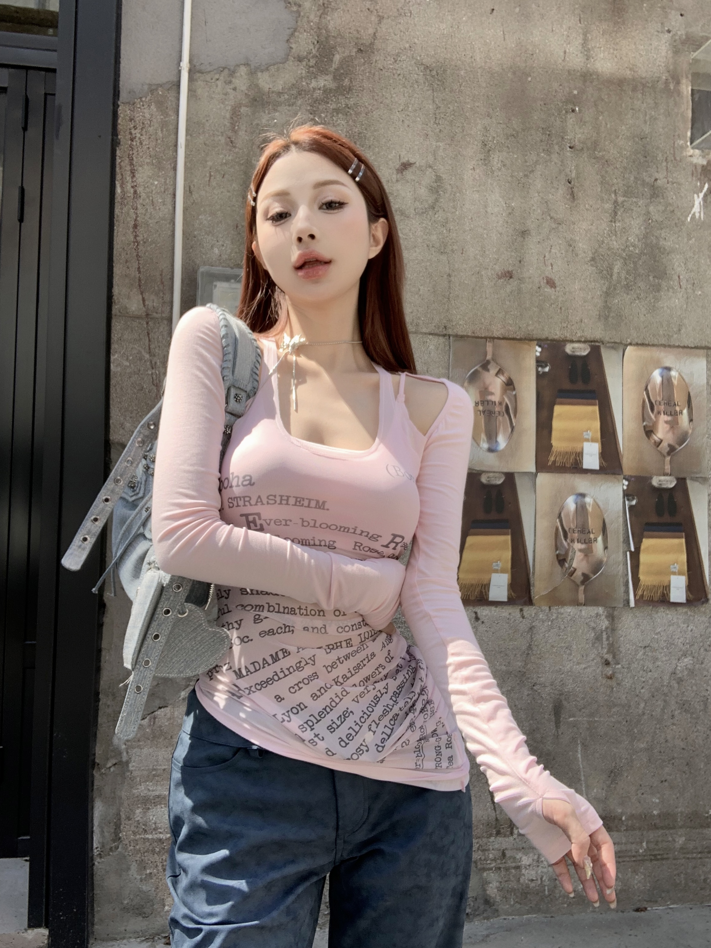 Actual shot of Hanli Korean style ins style cherry pink letter print irregular waist slimming fake two-piece mesh top for women
