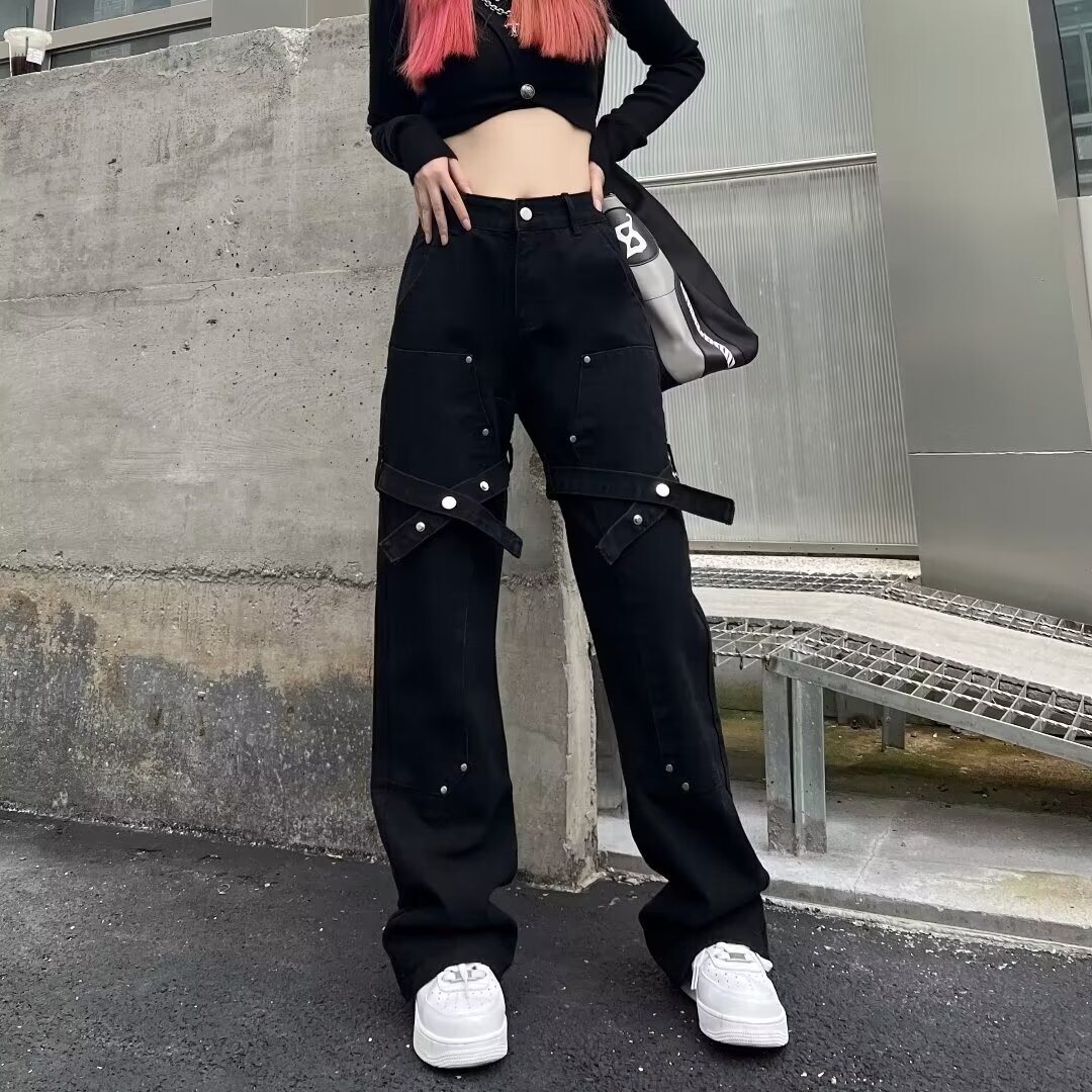 vibe美式街頭牛仔褲子ins潮牌綁帶牛仔褲女直筒修身工裝褲2024