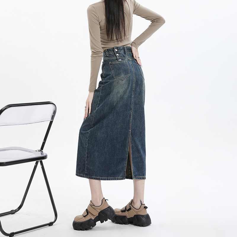 韓國高級感黑色高腰顯瘦開叉牛仔半身裙女2024春夏辣妹中長包臀裙