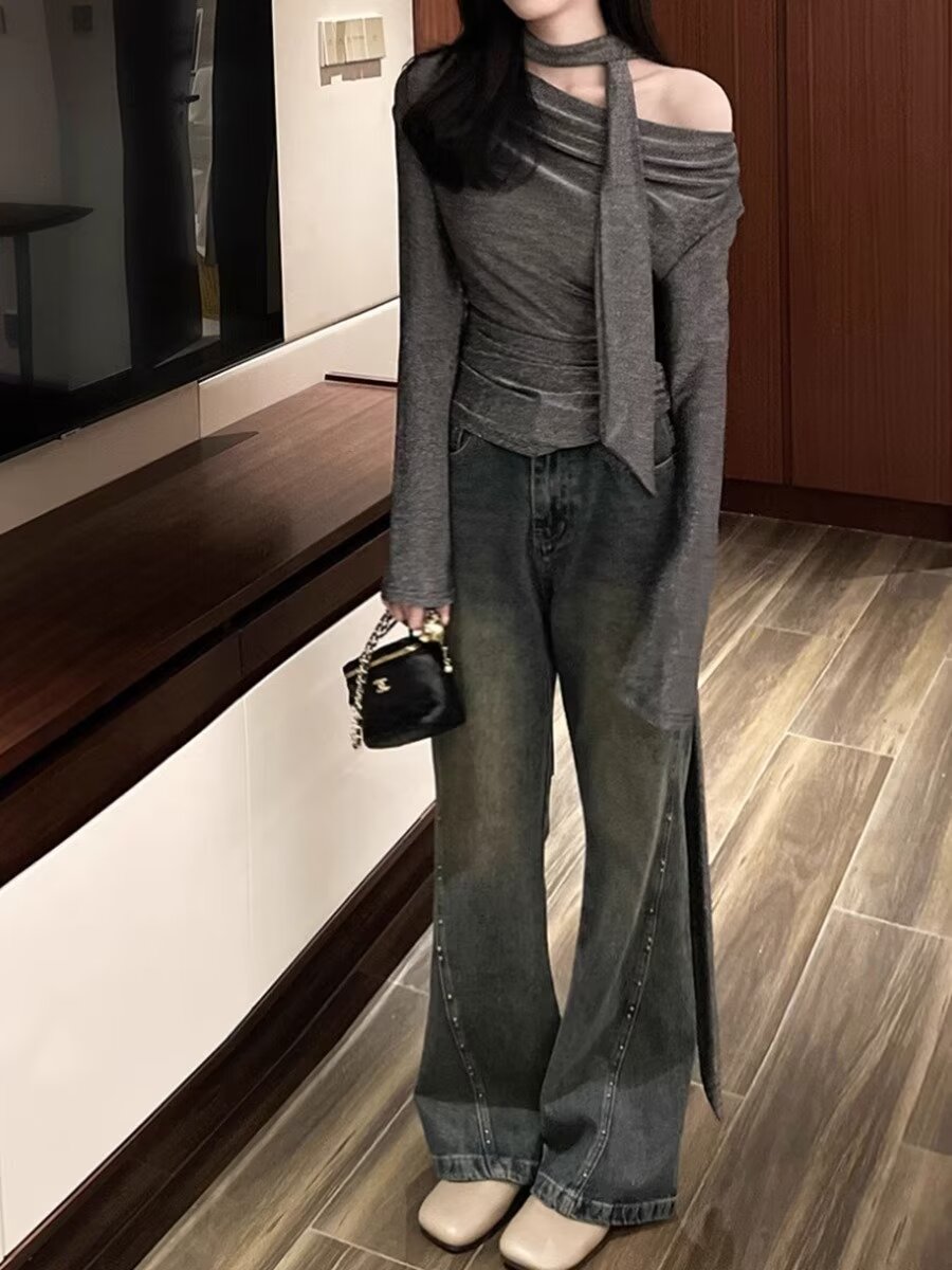復古釘珠微喇叭牛仔褲女春夏設計感小眾高腰寬鬆闊腿褲子拖地長褲
