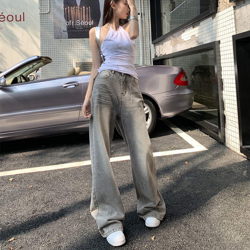 賽小懶美式街頭水洗牛仔褲女韓國春夏新款灰色高腰寬鬆闊腿褲子