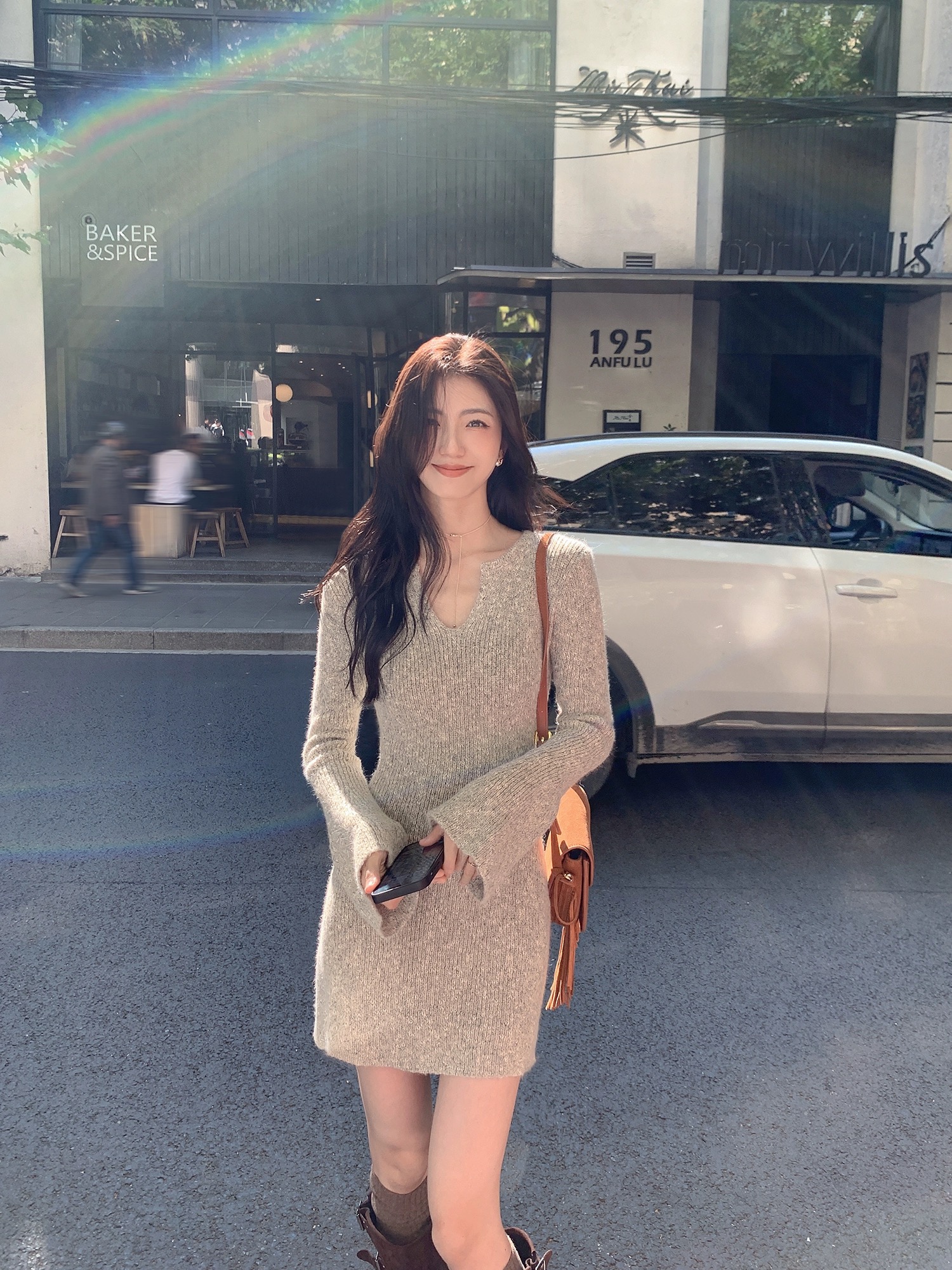 MULVAN 性感v領針織連衣裙女秋冬修身內搭收腰打底包臀短裙