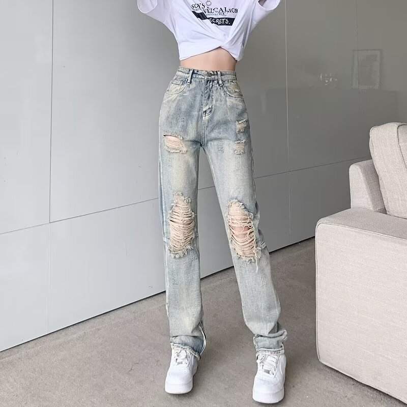 春夏裝新款破洞牛仔褲女高腰顯瘦復古馬小個子直筒褲子
