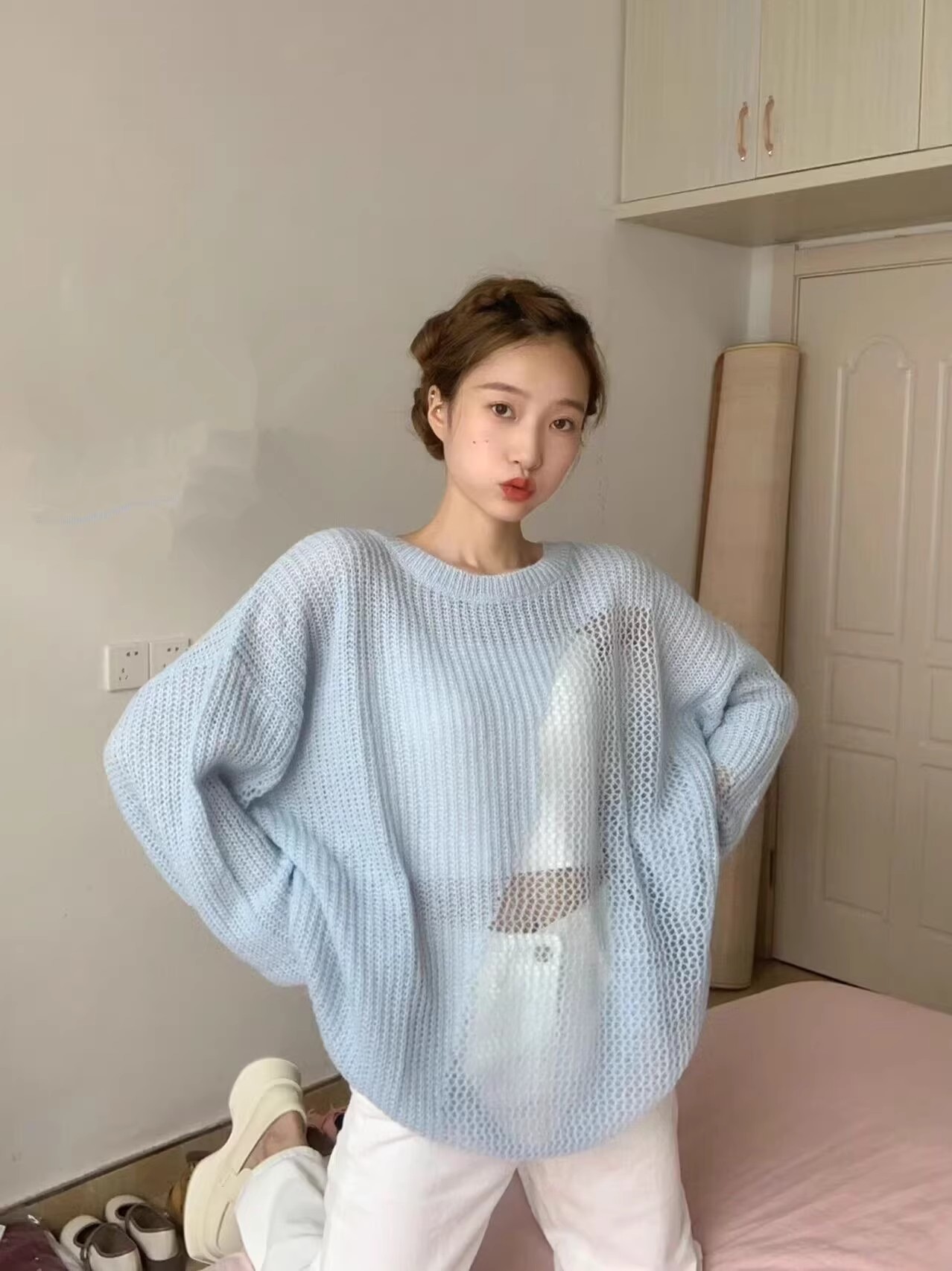 New hollow thin sun protection blouse sweater summer mohair solid color hole knitted top three-piece suit