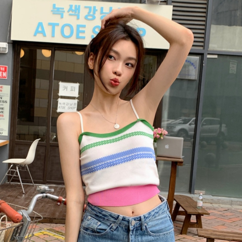 辣妹內搭打底條紋毛織小吊帶背心女春夏季外穿美背短款抹胸上衣