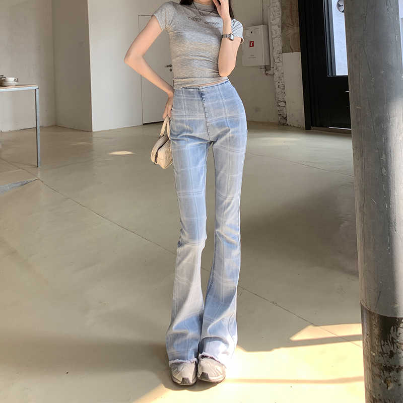 辣妹高個子加長淺藍色格紋微喇叭牛仔褲女高腰顯瘦修身彈力褲子