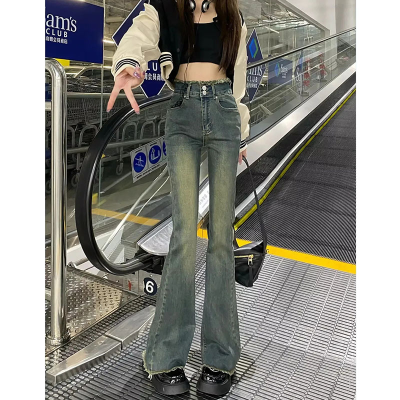 春季美式辣妹高腰微喇牛仔褲寬鬆彈力修身顯瘦設計感垂感喇叭褲潮