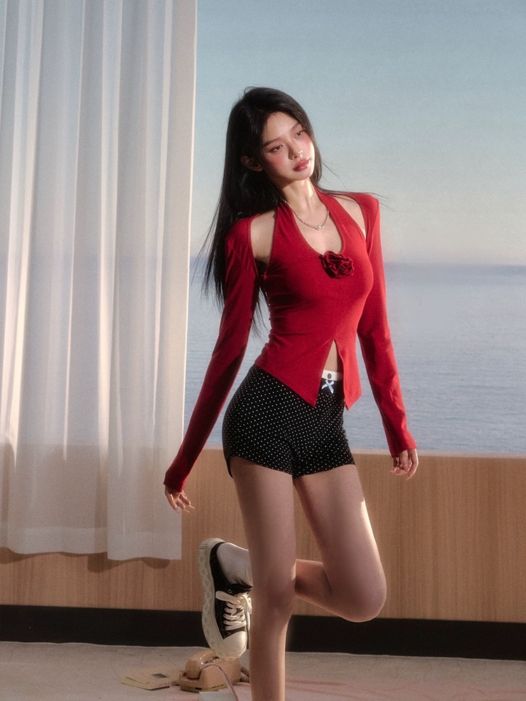 SDNby41 迷情玫瑰 純欲風胸口立體花掛脖吊帶+小坎肩可拆卸