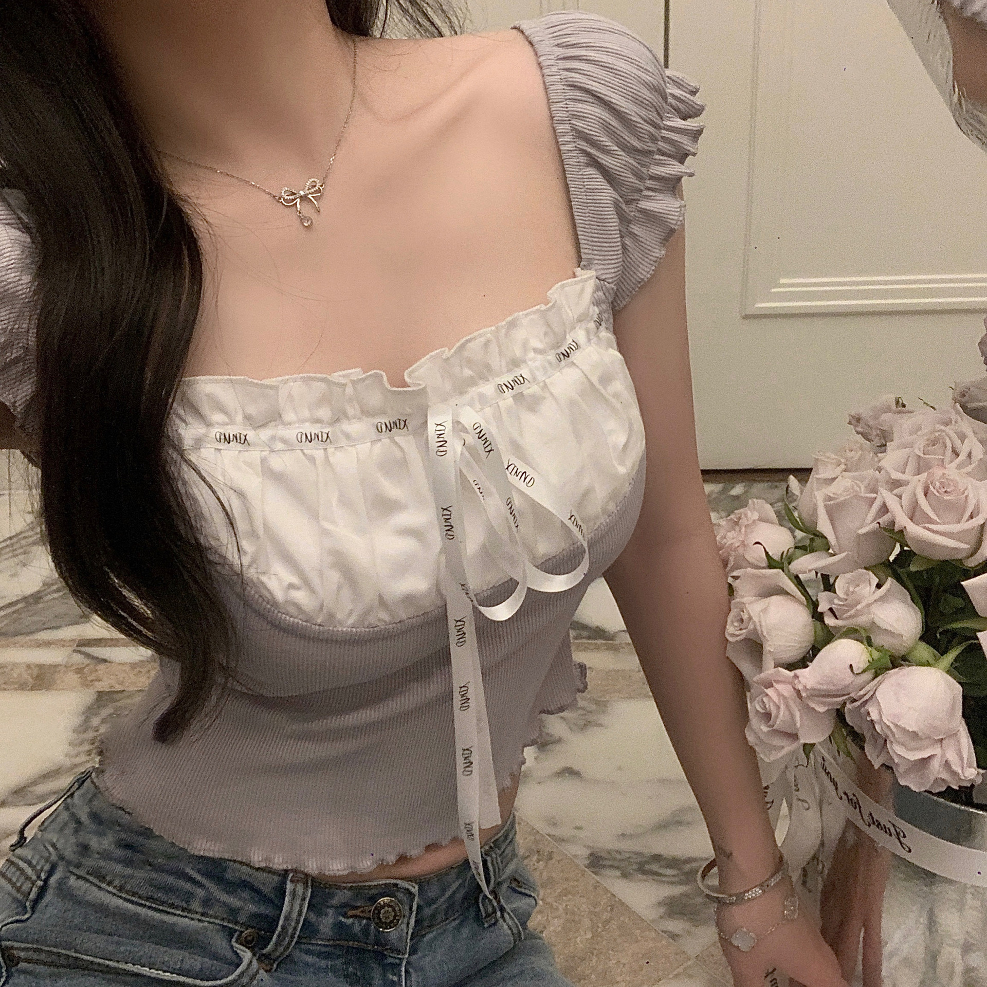 2024新款元英感m1u系甜美短袖荷葉邊夏薄T恤系帶純欲方領上衣女