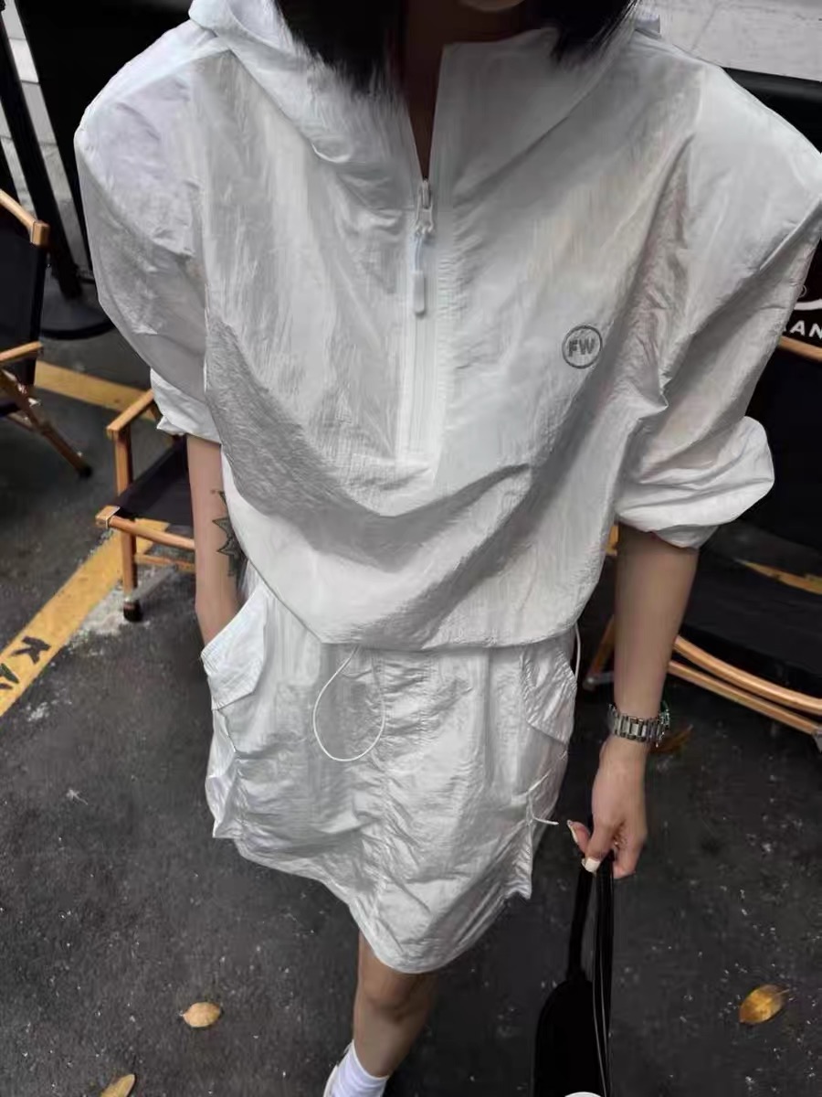 運動套裝夏季透氣時尚寬鬆休閒長袖防水防曬開衫彈力鬆緊半身短裙
