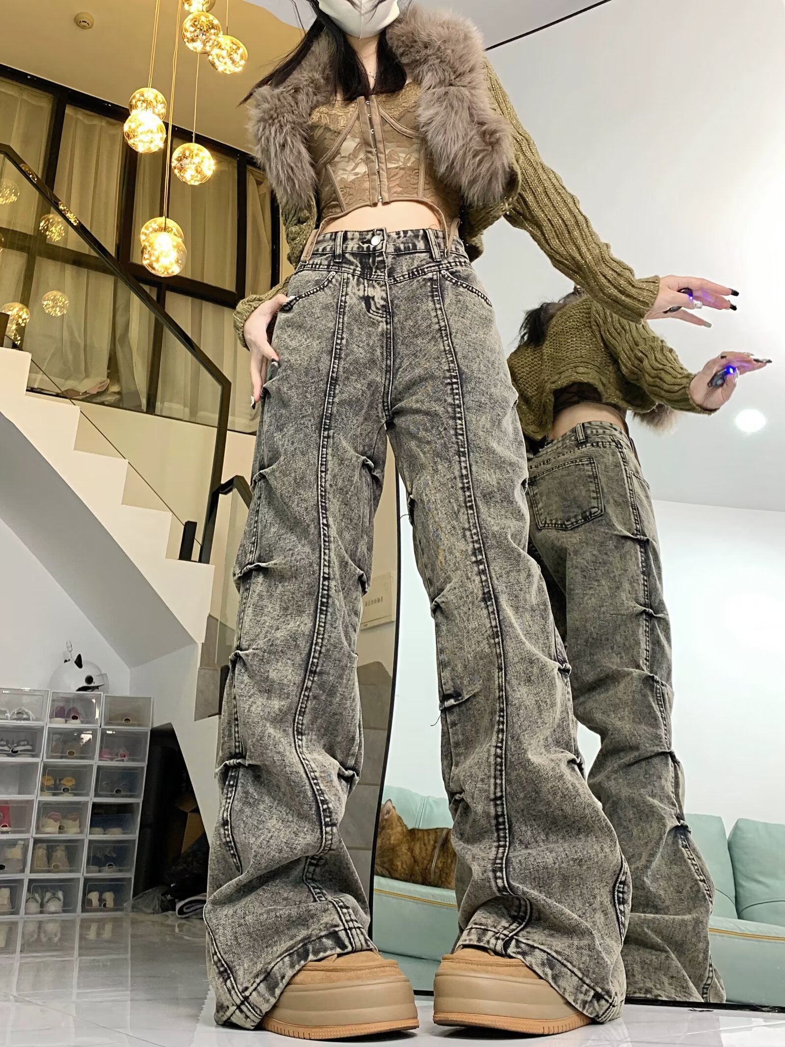 American high street retro distressed wasteland style washed pleated micro-flared jeans women's European and American wide-leg pants trendy trousers