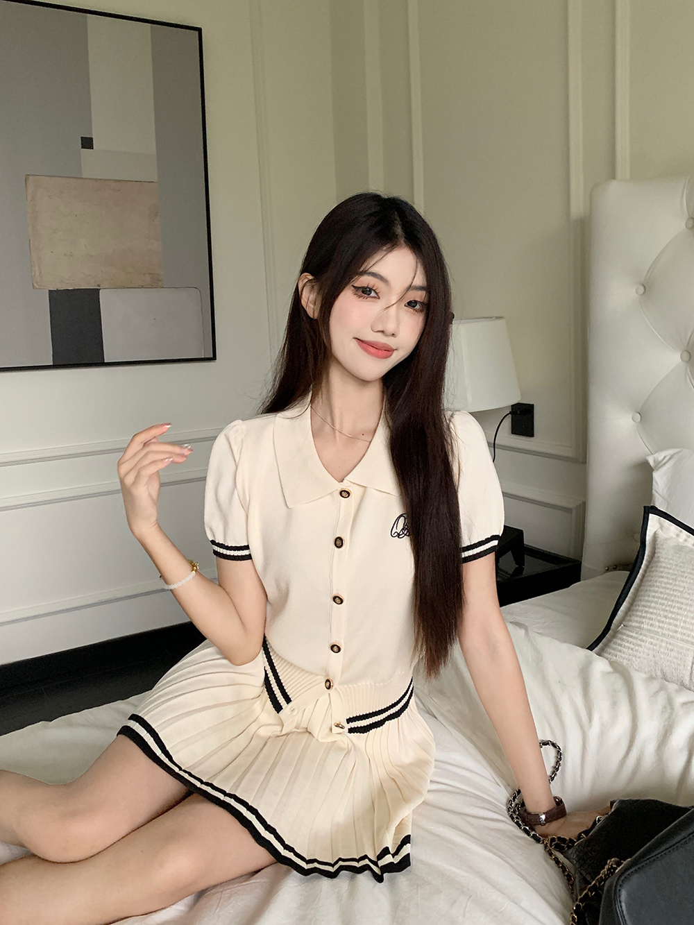 已出貨 學院風套裝短袖針織衫上衣時尚減齡百褶短裙半身裙兩件套