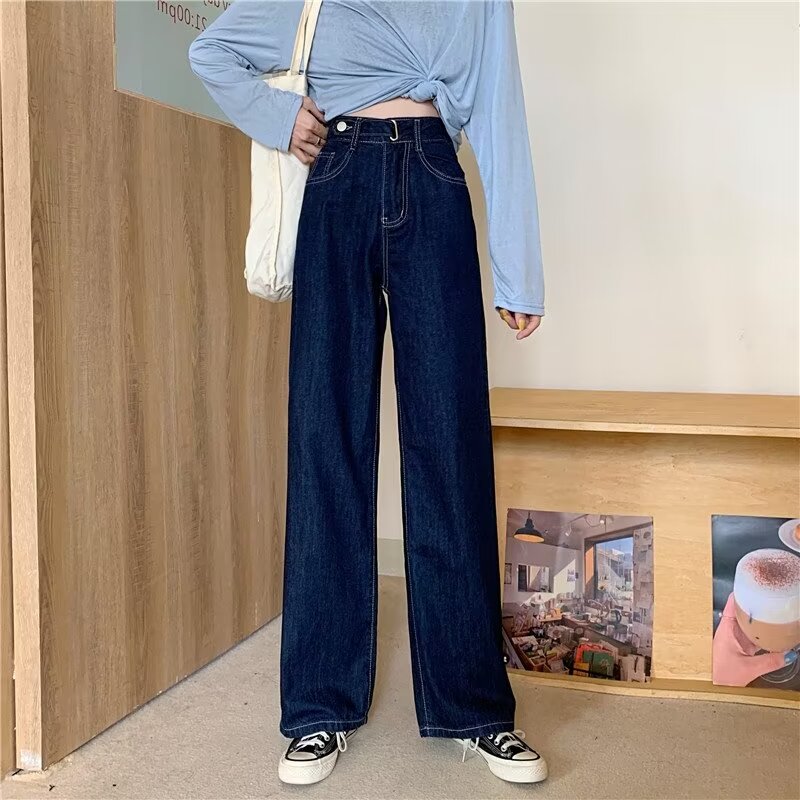 深藍色垂感高腰直筒牛仔褲女春夏新款小個子寬鬆顯瘦闊腿拖地褲子