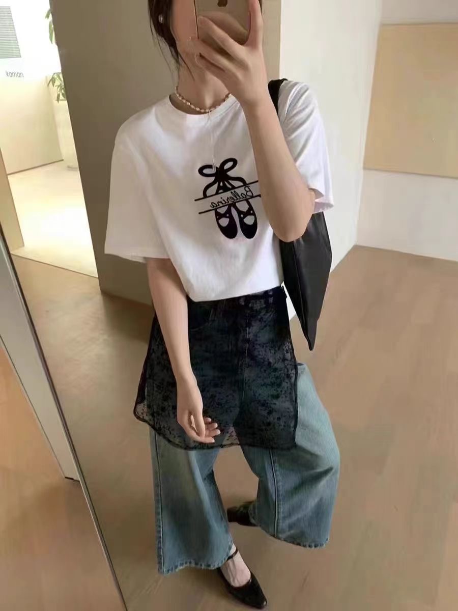 THE LEMON檸檬綠茶寬鬆休閒設計小眾圓領蝴蝶結圖案印花短袖上衣