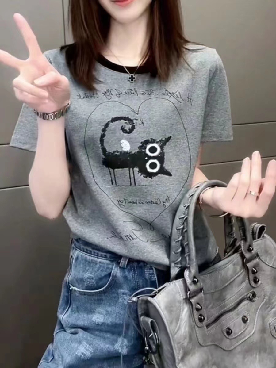 卡通印花短袖正肩T恤女夏季2024新款時尚百搭洋氣打底衫上衣