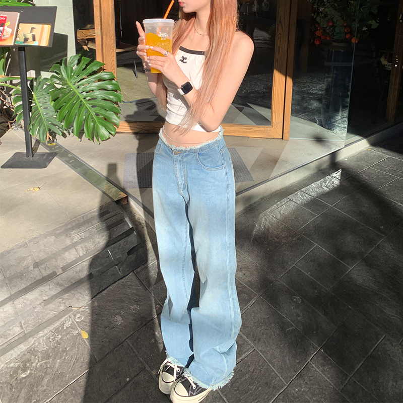 美式復古中低腰毛邊淺藍色直筒牛仔褲女夏季辣妹極簡CK感直筒長褲