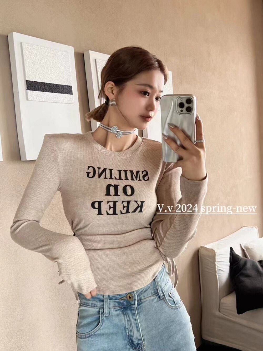 性感V領短袖T恤女2024夏季新款立體花朵設計修身顯瘦打底上衣