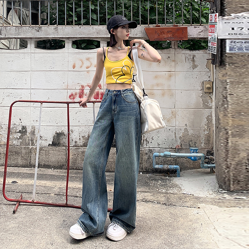 實拍~2024春夏韓版鬆弛感寬鬆闊腿牛仔褲高街慵懶少女拖地褲潮ins