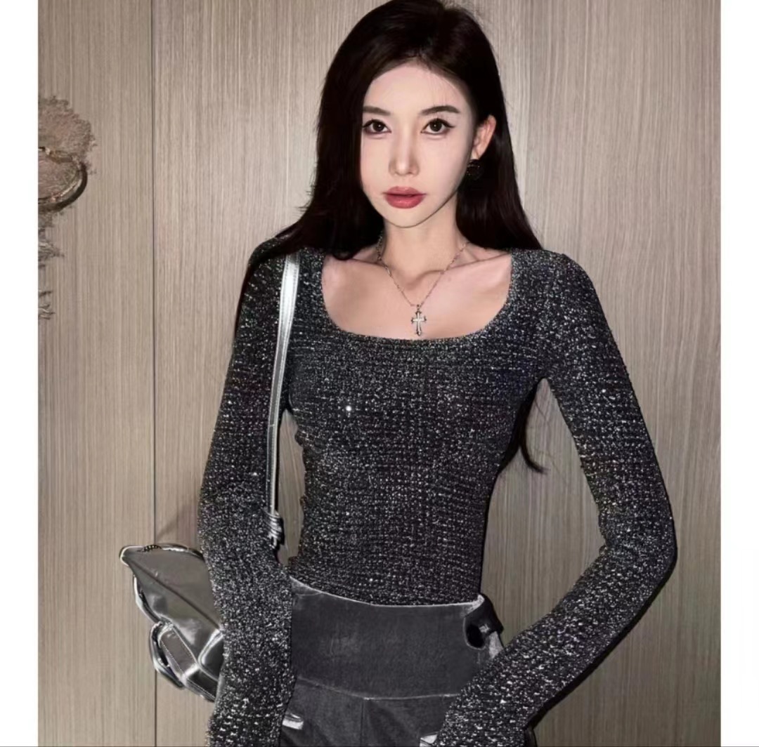 婉君碎閃星河時尚閃鑽設計感長袖性感修身上衣