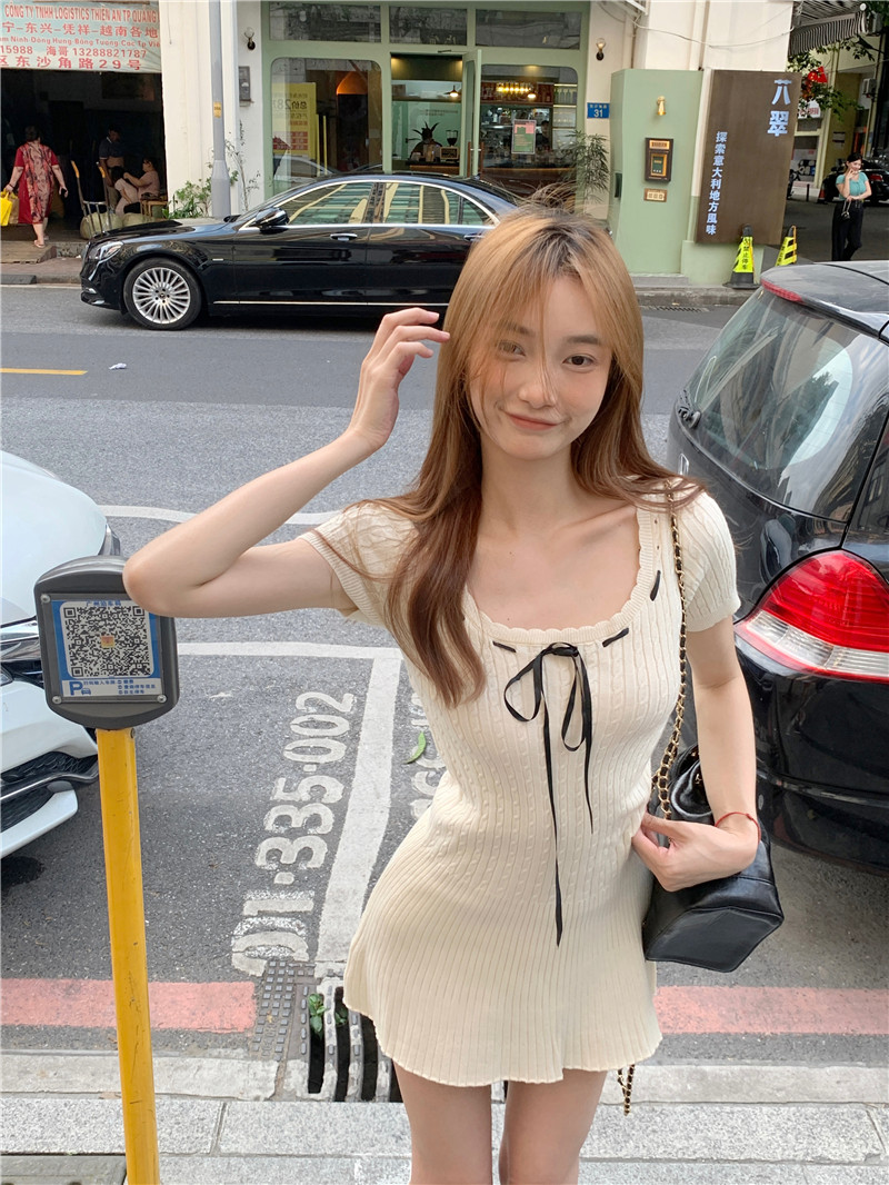 已出貨 純欲辣妹冰絲針織絞花連衣裙小個子修身顯瘦氣質短裙子夏