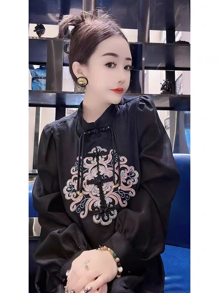新中式國風盤扣立領襯衫女歐洲站2024春季新款氣質百搭純色襯衣