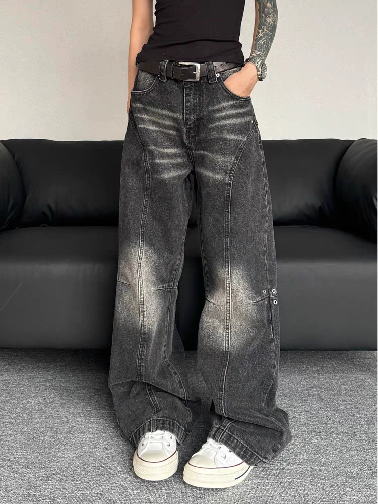 大碼美式復古水洗做舊闊腿牛仔褲男女設計感褶皺高街寬鬆顯瘦長褲