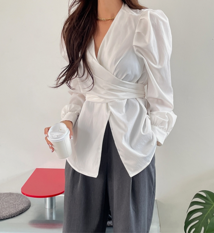 Spring French light luxury temperament niche irregular cross-lace V-neck puff sleeve shirt top