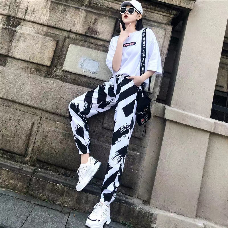 新款套裝女夏兩件套時尚潮流學生束腳褲社會嘻哈潮牌韓版