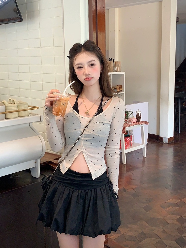 NIMOWANG純欲達人假兩件甜辣小上衣女春夏顯瘦短款波點打底衫